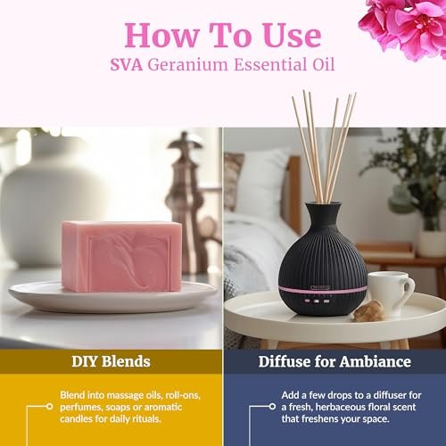 SVA Geranien Bio-ätherisches Öl – 30 ml – 100 % natürliches Bio-Geranienöl für Diffuser, Haarpflege, Gesicht, Hautpflege, Aromatherapie, Kopfhaut- und Körpermassage, Seifen- und Kerzenherstellung – mit Pipette