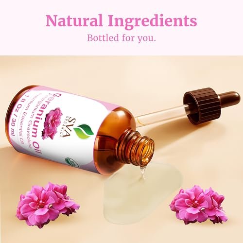 SVA Geranien Bio-ätherisches Öl – 30 ml – 100 % natürliches Bio-Geranienöl für Diffuser, Haarpflege, Gesicht, Hautpflege, Aromatherapie, Kopfhaut- und Körpermassage, Seifen- und Kerzenherstellung – mit Pipette