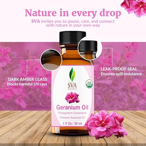 SVA Geranien Bio-ätherisches Öl – 30 ml – 100 % natürliches Bio-Geranienöl für Diffuser, Haarpflege, Gesicht, Hautpflege, Aromatherapie, Kopfhaut- und Körpermassage, Seifen- und Kerzenherstellung – mit Pipette