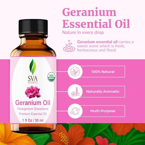SVA Geranien Bio-ätherisches Öl – 30 ml – 100 % natürliches Bio-Geranienöl für Diffuser, Haarpflege, Gesicht, Hautpflege, Aromatherapie, Kopfhaut- und Körpermassage, Seifen- und Kerzenherstellung – mit Pipette
