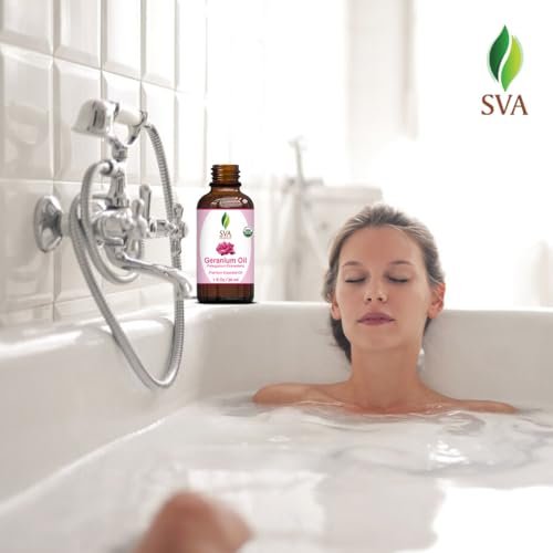 SVA Geranien Bio-ätherisches Öl – 30 ml – 100 % natürliches Bio-Geranienöl für Diffuser, Haarpflege, Gesicht, Hautpflege, Aromatherapie, Kopfhaut- und Körpermassage, Seifen- und Kerzenherstellung – mit Pipette