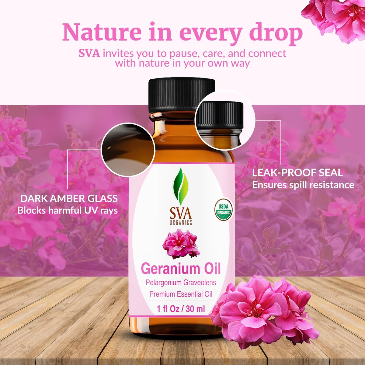 SVA Geranien Bio-ätherisches Öl – 30 ml – 100 % natürliches Bio-Geranienöl für Diffuser, Haarpflege, Gesicht, Hautpflege, Aromatherapie, Kopfhaut- und Körpermassage, Seifen- und Kerzenherstellung – mit Pipette