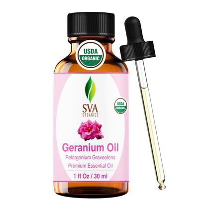 SVA Geranien Bio-ätherisches Öl – 30 ml – 100 % natürliches Bio-Geranienöl für Diffuser, Haarpflege, Gesicht, Hautpflege, Aromatherapie, Kopfhaut- und Körpermassage, Seifen- und Kerzenherstellung – mit Pipette