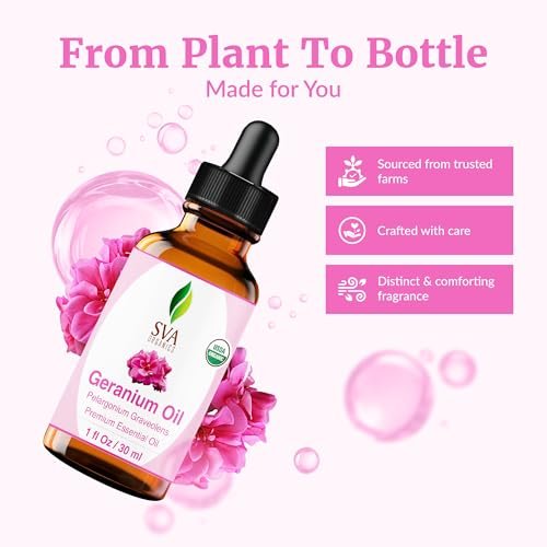 SVA Geranien Bio-ätherisches Öl – 30 ml – 100 % natürliches Bio-Geranienöl für Diffuser, Haarpflege, Gesicht, Hautpflege, Aromatherapie, Kopfhaut- und Körpermassage, Seifen- und Kerzenherstellung – mit Pipette