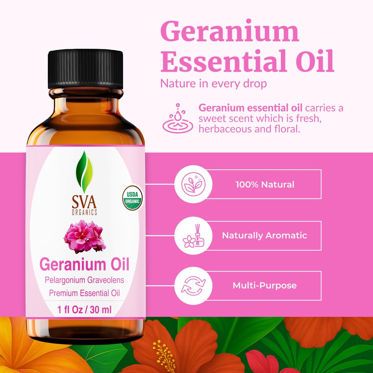 SVA Geranien Bio-ätherisches Öl – 30 ml – 100 % natürliches Bio-Geranienöl für Diffuser, Haarpflege, Gesicht, Hautpflege, Aromatherapie, Kopfhaut- und Körpermassage, Seifen- und Kerzenherstellung – mit Pipette