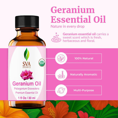 SVA Geranien Bio-ätherisches Öl – 30 ml – 100 % natürliches Bio-Geranienöl für Diffuser, Haarpflege, Gesicht, Hautpflege, Aromatherapie, Kopfhaut- und Körpermassage, Seifen- und Kerzenherstellung – mit Pipette