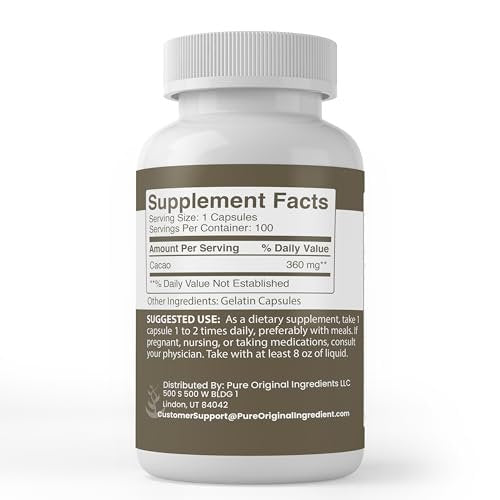 Pure Original Ingredients Kakao, 100 Kapseln – Rein, ohne Zusätze oder Füllstoffe, laborgeprüft