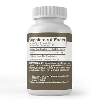 Pure Original Ingredients Kakao, 100 Kapseln – Rein, ohne Zusätze oder Füllstoffe, laborgeprüft