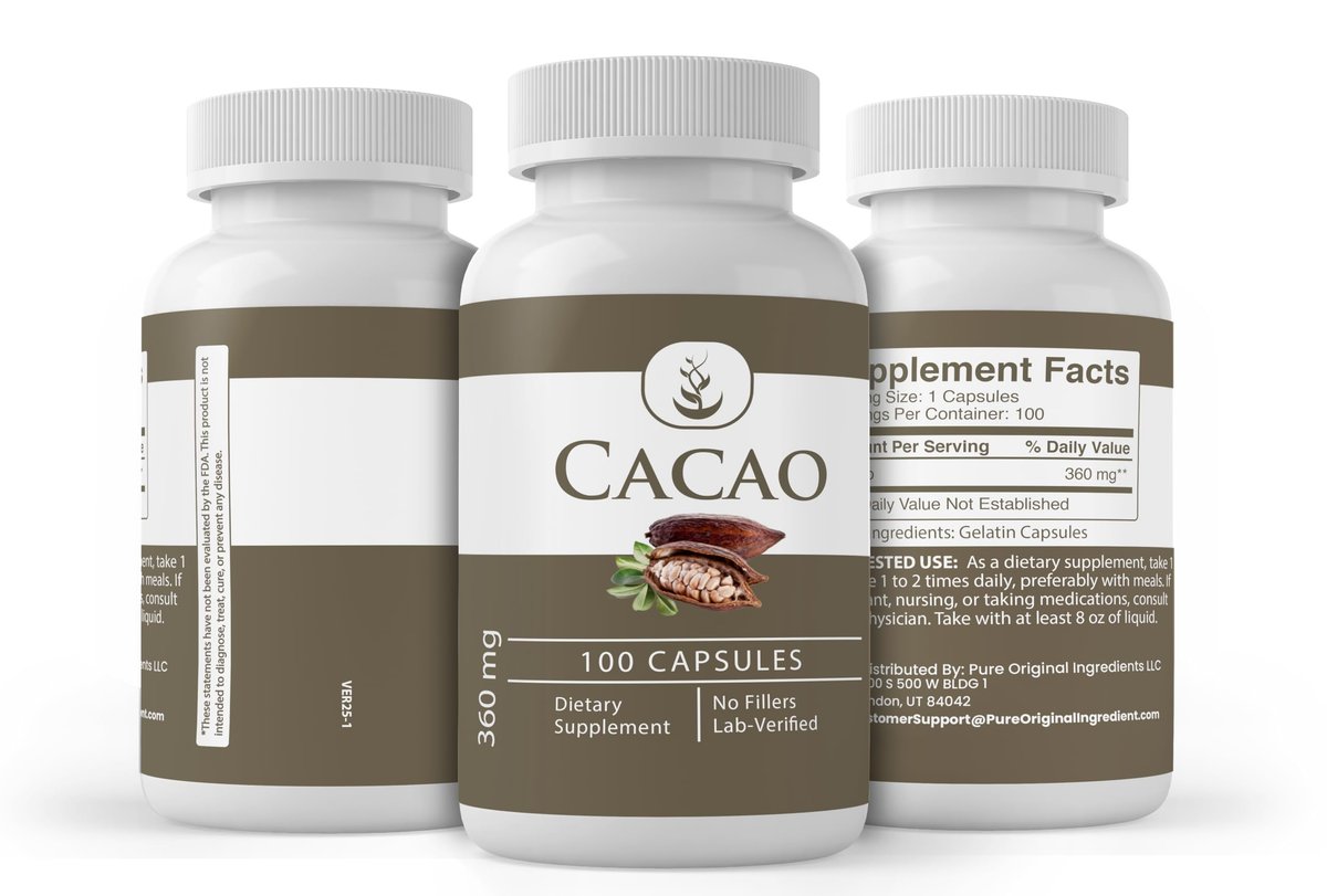 Pure Original Ingredients Kakao, 100 Kapseln – Rein, ohne Zusätze oder Füllstoffe, laborgeprüft