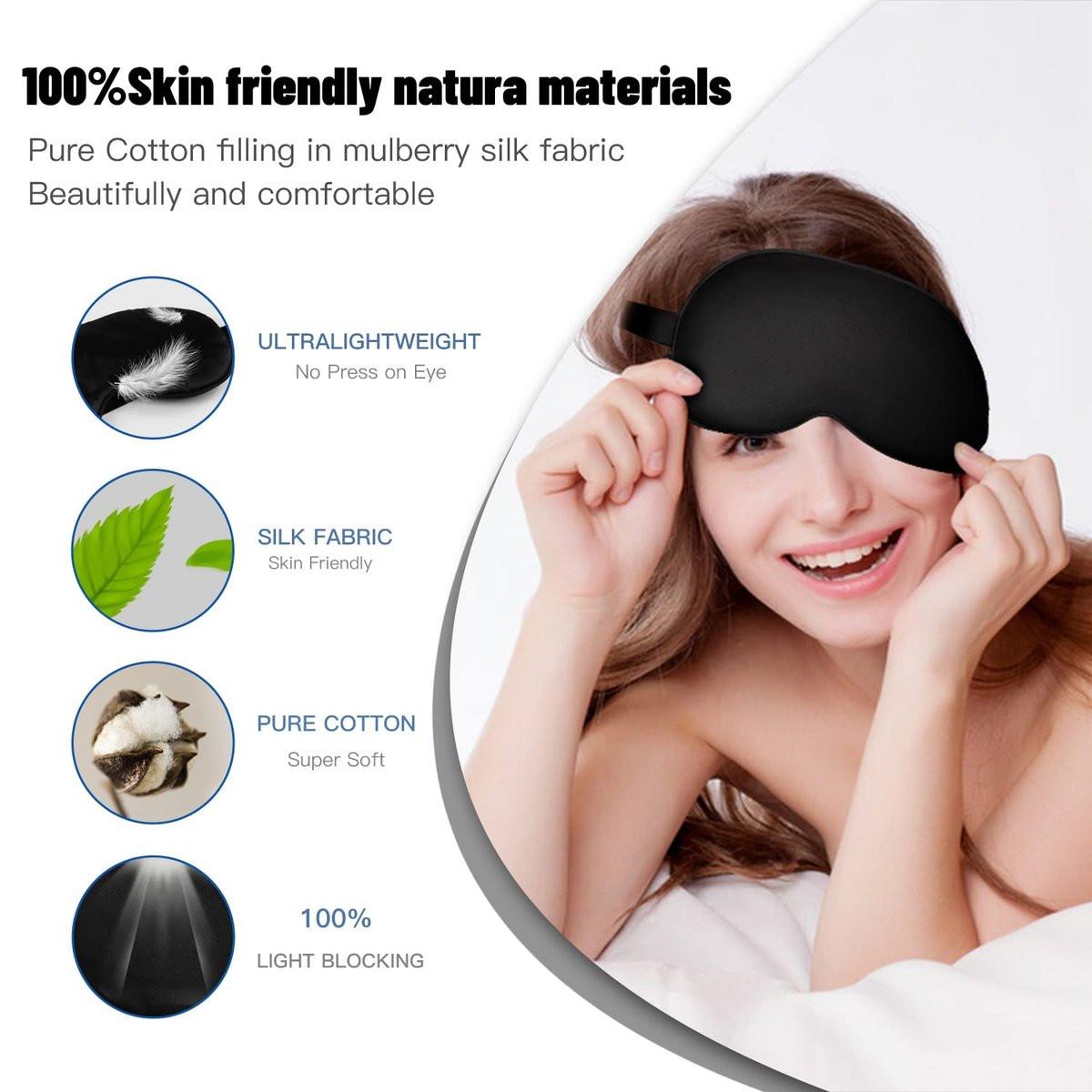 Schlafmaske aus Seide mit verstellbarem Band – Satin-Blackout-Augenmaske für erholsamen Schlaf (Schwarz)