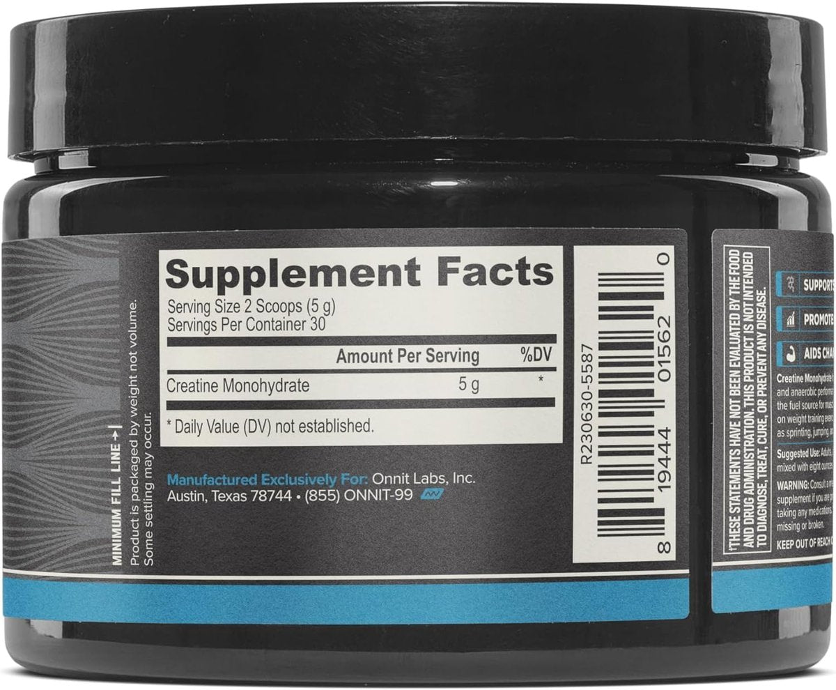 ONNIT Creatin-Monohydrat-Pulver – IGEN™ Non-GMO getestet, 5 g Premium-Creatin für Muskelkraft, Leistung und magere Masse, unterstützt die Gehirngesundheit und zelluläre Energie, ungesüßt, 30 Portionen, 150 g