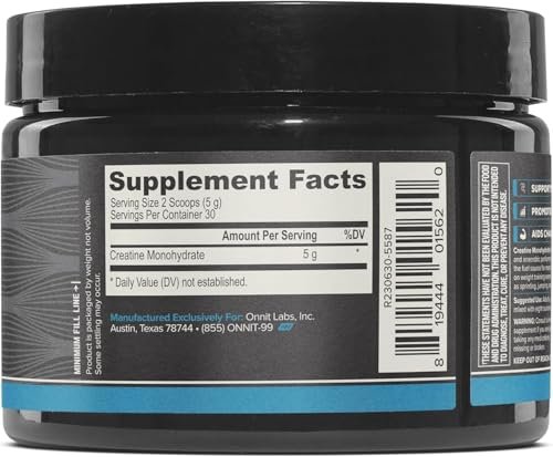 ONNIT Creatin-Monohydrat-Pulver – IGEN™ Non-GMO getestet, 5 g Premium-Creatin für Muskelkraft, Leistung und magere Masse, unterstützt die Gehirngesundheit und zelluläre Energie, ungesüßt, 30 Portionen, 150 g