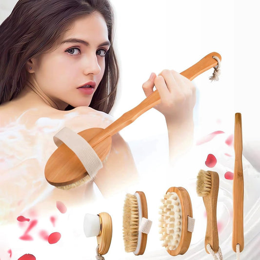 Zeutch Premium Trockenbürsten-Set für Körperpflege – 5-teiliges Set mit Wildschweinborsten, Holzkörperbürste mit langem Griff zur Lymphdrainage und Cellulite-Behandlung für strahlende Haut