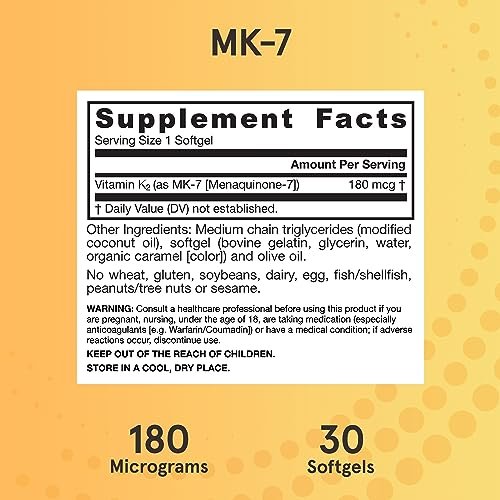 Jarrow Formulas MK-7 180 mcg - Bioaktive Form von Vitamin K2 für Knochen & Herz-Kreislauf-Gesundheit - 30 Portionen (Weichkapseln) - Glutenfrei