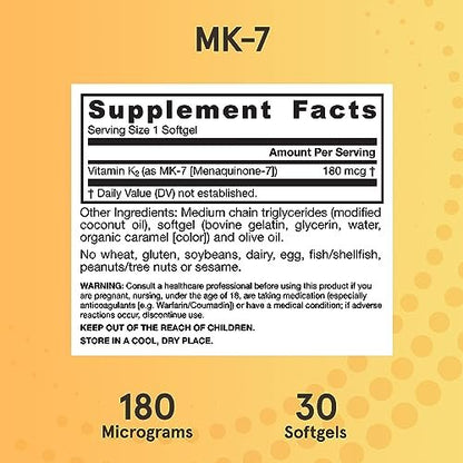 Jarrow Formulas MK-7 180 mcg - Bioaktive Form von Vitamin K2 für Knochen & Herz-Kreislauf-Gesundheit - 30 Portionen (Weichkapseln) - Glutenfrei