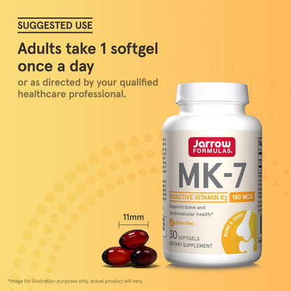 Jarrow Formulas MK-7 180 mcg - Bioaktive Form von Vitamin K2 für Knochen & Herz-Kreislauf-Gesundheit - 30 Portionen (Weichkapseln) - Glutenfrei