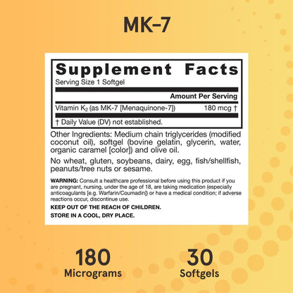 Jarrow Formulas MK-7 180 mcg - Bioaktive Form von Vitamin K2 für Knochen & Herz-Kreislauf-Gesundheit - 30 Portionen (Weichkapseln) - Glutenfrei