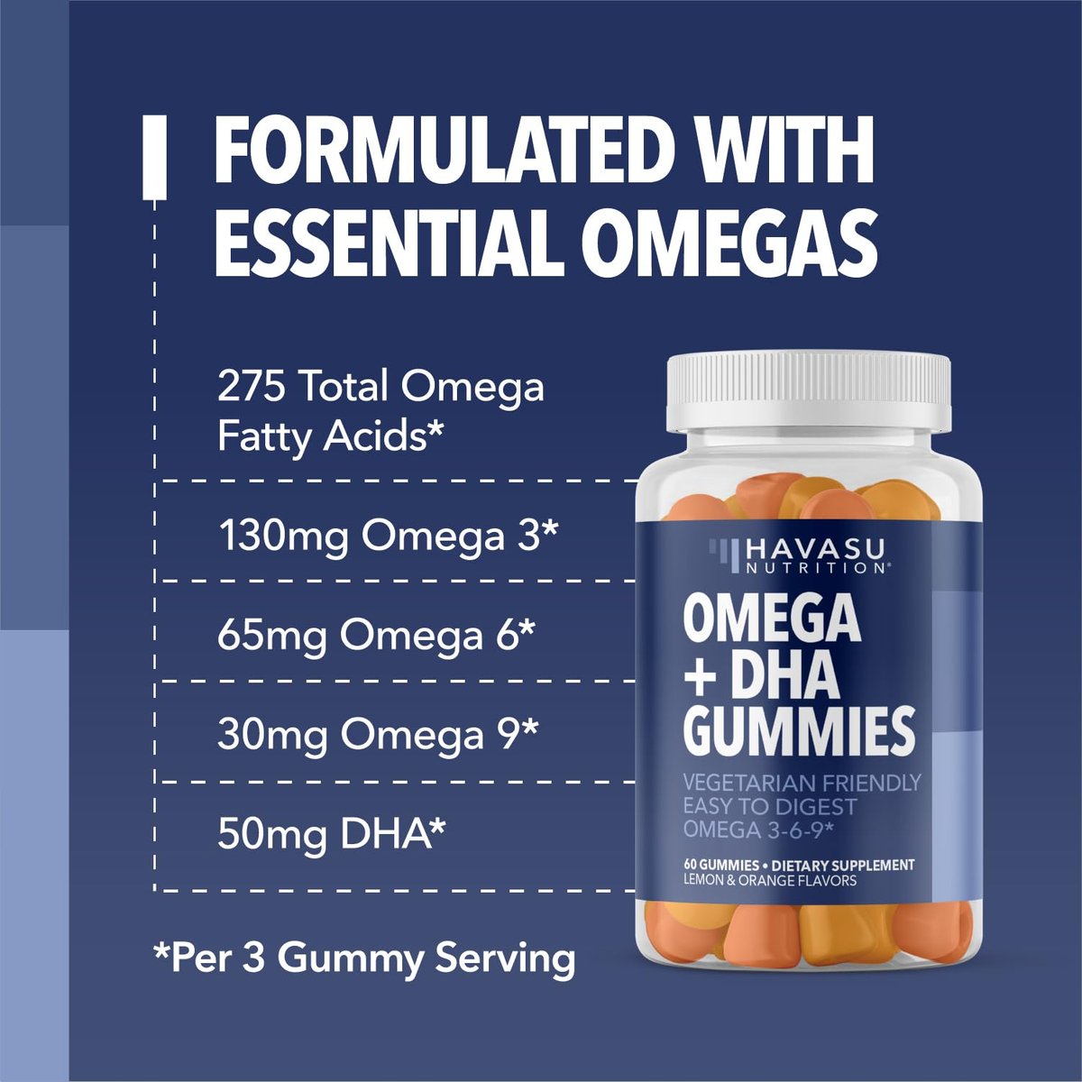 Omega 3 6 9 + DHA Gummies für Erwachsene – Pflanzliche Alternative zu Fischöl mit Chiasamenöl und Algen – Unterstützt Gehirn- und Immunfunktion – Zitronen- und Orangenaroma – Vegetarierfreundlich – 60 Stück