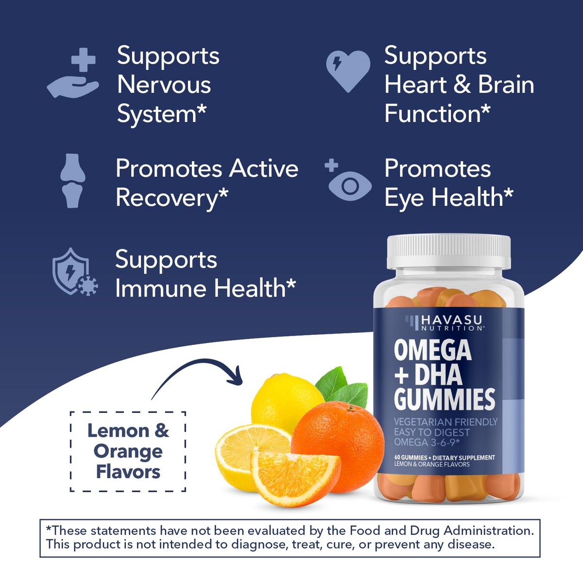 Omega 3 6 9 + DHA Gummies für Erwachsene – Pflanzliche Alternative zu Fischöl mit Chiasamenöl und Algen – Unterstützt Gehirn- und Immunfunktion – Zitronen- und Orangenaroma – Vegetarierfreundlich – 60 Stück
