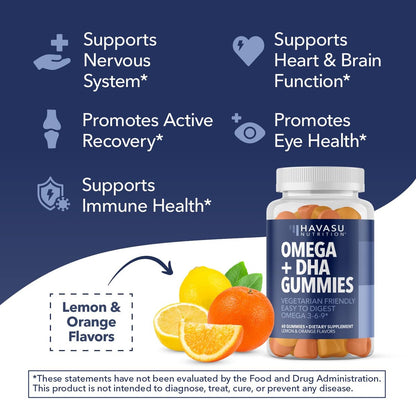Omega 3 6 9 + DHA Gummies für Erwachsene – Pflanzliche Alternative zu Fischöl mit Chiasamenöl und Algen – Unterstützt Gehirn- und Immunfunktion – Zitronen- und Orangenaroma – Vegetarierfreundlich – 60 Stück