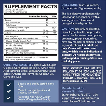 Omega 3 6 9 + DHA Gummies für Erwachsene – Pflanzliche Alternative zu Fischöl mit Chiasamenöl und Algen – Unterstützt Gehirn- und Immunfunktion – Zitronen- und Orangenaroma – Vegetarierfreundlich – 60 Stück