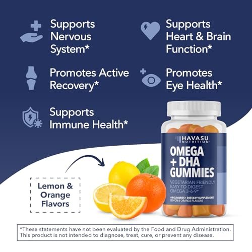 Omega 3 6 9 + DHA Gummies für Erwachsene – Pflanzliche Alternative zu Fischöl mit Chiasamenöl und Algen – Unterstützt Gehirn- und Immunfunktion – Zitronen- und Orangenaroma – Vegetarierfreundlich – 60 Stück