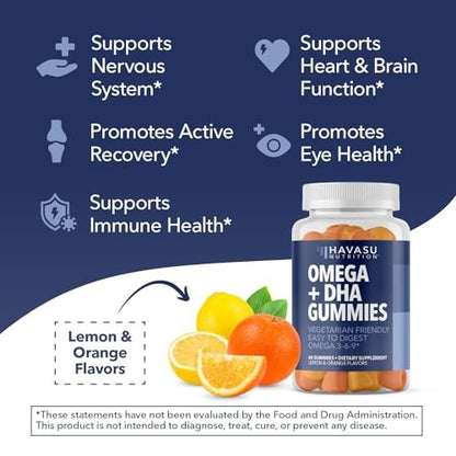 Omega 3 6 9 + DHA Gummies für Erwachsene – Pflanzliche Alternative zu Fischöl mit Chiasamenöl und Algen – Unterstützt Gehirn- und Immunfunktion – Zitronen- und Orangenaroma – Vegetarierfreundlich – 60 Stück