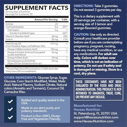 Omega 3 6 9 + DHA Gummies für Erwachsene – Pflanzliche Alternative zu Fischöl mit Chiasamenöl und Algen – Unterstützt Gehirn- und Immunfunktion – Zitronen- und Orangenaroma – Vegetarierfreundlich – 60 Stück