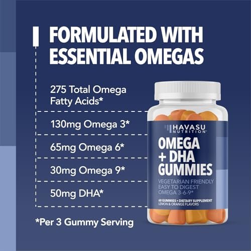 Omega 3 6 9 + DHA Gummies für Erwachsene – Pflanzliche Alternative zu Fischöl mit Chiasamenöl und Algen – Unterstützt Gehirn- und Immunfunktion – Zitronen- und Orangenaroma – Vegetarierfreundlich – 60 Stück