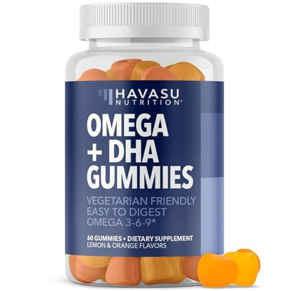 Omega 3 6 9 + DHA Gummies für Erwachsene – Pflanzliche Alternative zu Fischöl mit Chiasamenöl und Algen – Unterstützt Gehirn- und Immunfunktion – Zitronen- und Orangenaroma – Vegetarierfreundlich – 60 Stück