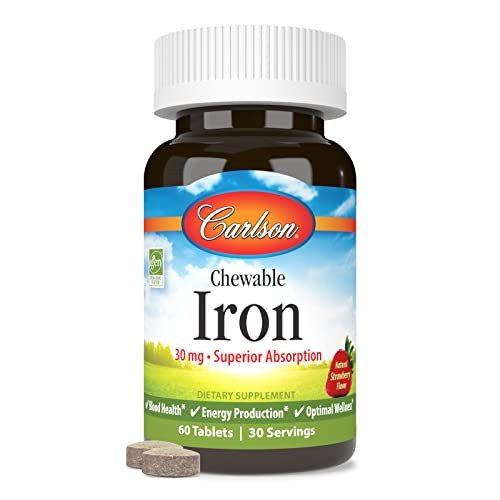Carlson Kaubare Eisen Tabletten, 30 mg – Für Blutgesundheit, Energieproduktion und optimales Wohlbefinden, natürlicher Erdbeergeschmack, 60 Tabletten