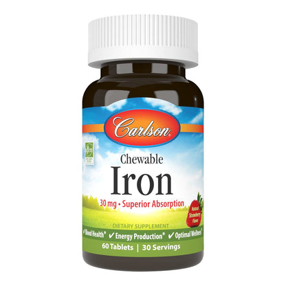 Carlson Kaubare Eisen Tabletten, 30 mg – Für Blutgesundheit, Energieproduktion und optimales Wohlbefinden, natürlicher Erdbeergeschmack, 60 Tabletten