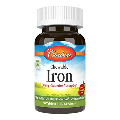 Carlson Kaubare Eisen Tabletten, 30 mg – Für Blutgesundheit, Energieproduktion und optimales Wohlbefinden, natürlicher Erdbeergeschmack, 60 Tabletten