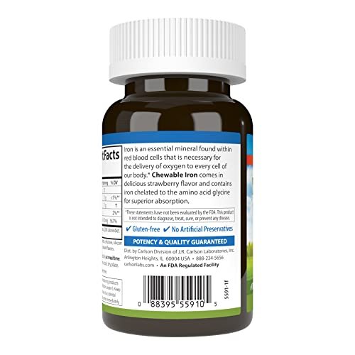 Carlson Kaubare Eisen Tabletten, 30 mg – Für Blutgesundheit, Energieproduktion und optimales Wohlbefinden, natürlicher Erdbeergeschmack, 60 Tabletten