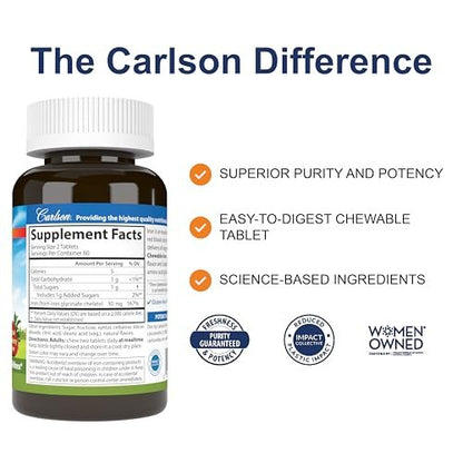 Carlson Kaubare Eisen Tabletten, 30 mg, Hervorragende Absorption, Blutgesundheit, Energieproduktion & Optimales Wohlbefinden, Natürlicher Erdbeergeschmack, 120 Tabletten