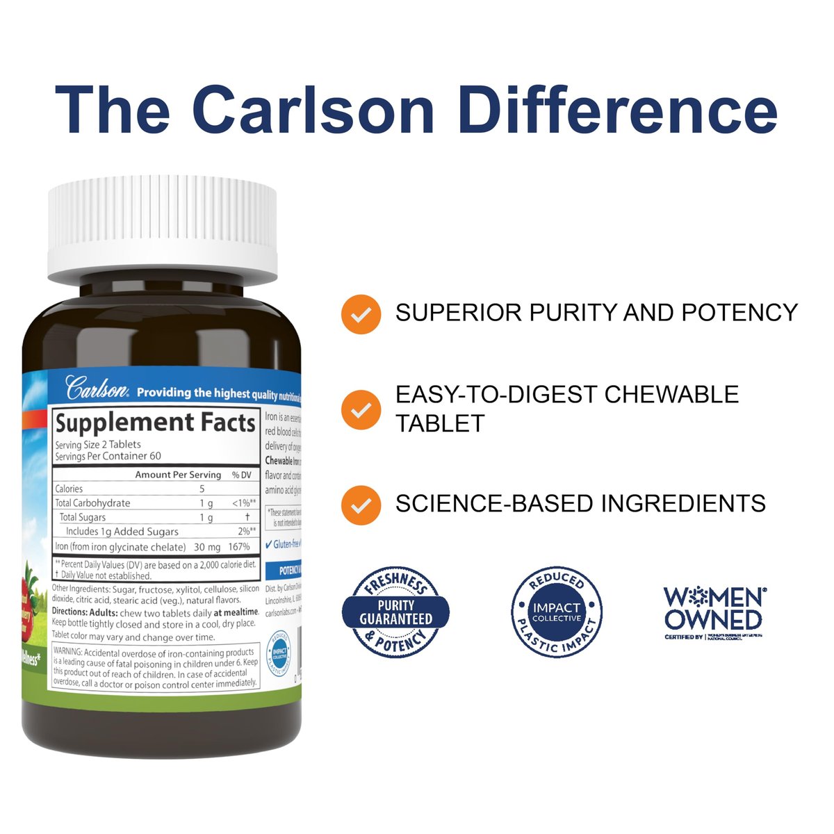 Carlson Kaubare Eisen Tabletten, 30 mg, Hervorragende Absorption, Blutgesundheit, Energieproduktion & Optimales Wohlbefinden, Natürlicher Erdbeergeschmack, 120 Tabletten