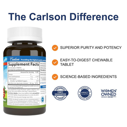 Carlson Kaubare Eisen Tabletten, 30 mg, Hervorragende Absorption, Blutgesundheit, Energieproduktion & Optimales Wohlbefinden, Natürlicher Erdbeergeschmack, 120 Tabletten