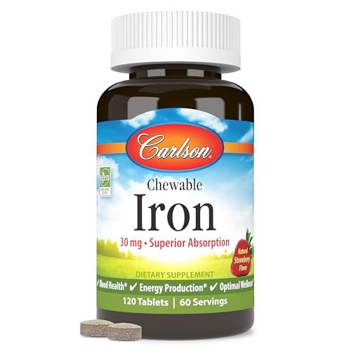 Carlson Kaubare Eisen Tabletten, 30 mg, Hervorragende Absorption, Blutgesundheit, Energieproduktion & Optimales Wohlbefinden, Natürlicher Erdbeergeschmack, 120 Tabletten