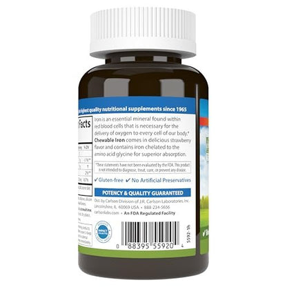 Carlson Kaubare Eisen Tabletten, 30 mg, Hervorragende Absorption, Blutgesundheit, Energieproduktion & Optimales Wohlbefinden, Natürlicher Erdbeergeschmack, 120 Tabletten