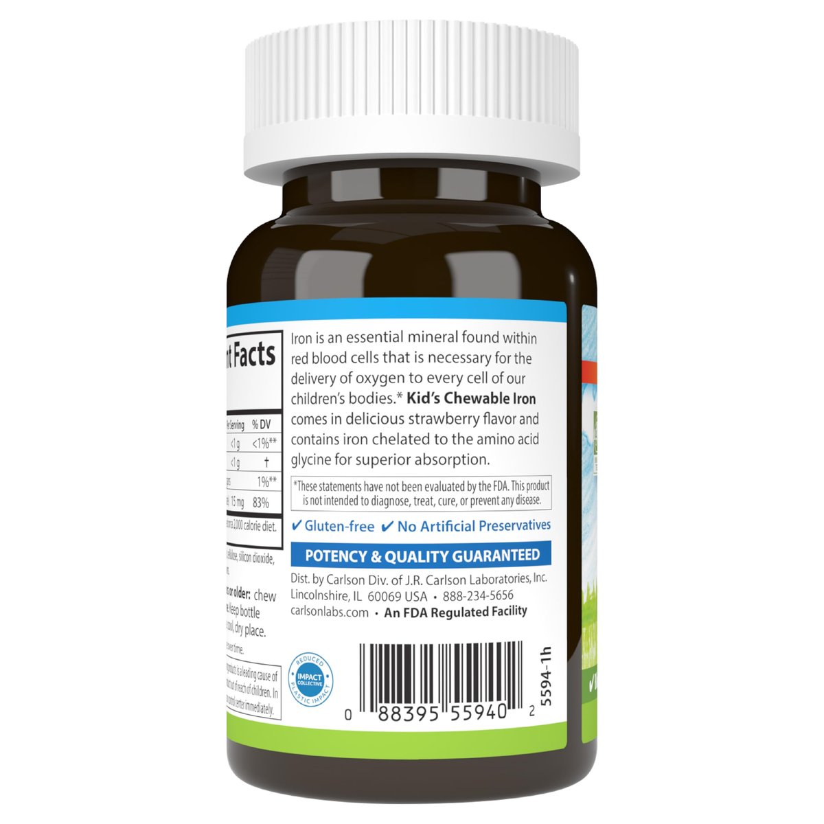 Carlson - Kautabletten Eisen für Kinder, 15 mg, hervorragende Aufnahme, Blutgesundheit, Energieproduktion und optimales Wohlbefinden, natürlicher Erdbeergeschmack, 60 Tabletten