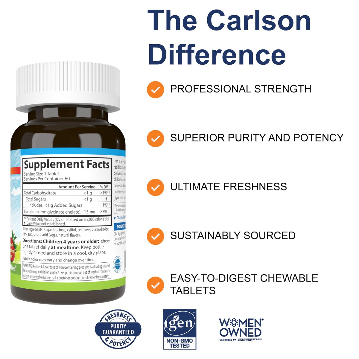 Carlson - Kautabletten Eisen für Kinder, 15 mg, hervorragende Aufnahme, Blutgesundheit, Energieproduktion und optimales Wohlbefinden, natürlicher Erdbeergeschmack, 60 Tabletten