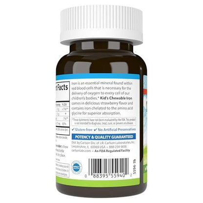 Carlson - Kautabletten Eisen für Kinder, 15 mg, hervorragende Aufnahme, Blutgesundheit, Energieproduktion und optimales Wohlbefinden, natürlicher Erdbeergeschmack, 60 Tabletten