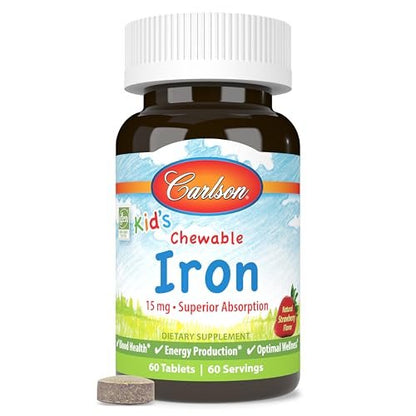 Carlson - Kautabletten Eisen für Kinder, 15 mg, hervorragende Aufnahme, Blutgesundheit, Energieproduktion und optimales Wohlbefinden, natürlicher Erdbeergeschmack, 60 Tabletten