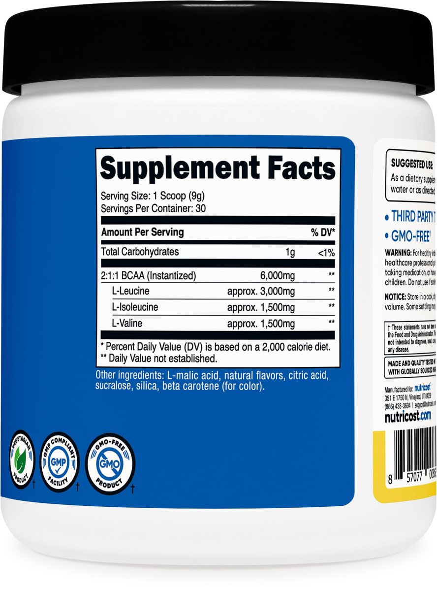 Nutricost BCAA Pulver (Ananas, 30 Portionen) - Optimales 2:1:1 Verhältnis