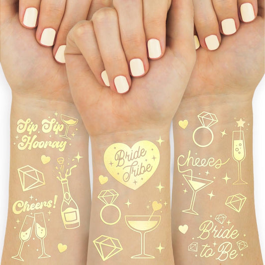 xo, Fetti Gold Bachelorette Tattoos, 54 Stück | Party-Zubehör, Braut-Tribe-Tempotattoos, metallische Brautparty-Accessoires, Geschenk für Brautjungfern
