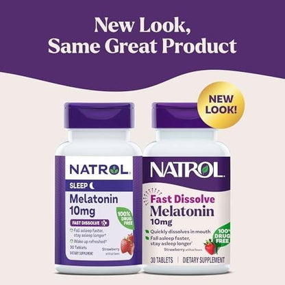 Natrol Melatonin 10mg Schmelztabletten - Erdbeergeschmack, 30 Stück, Schlafunterstützung für Erwachsene, 30-Tage-Vorrat