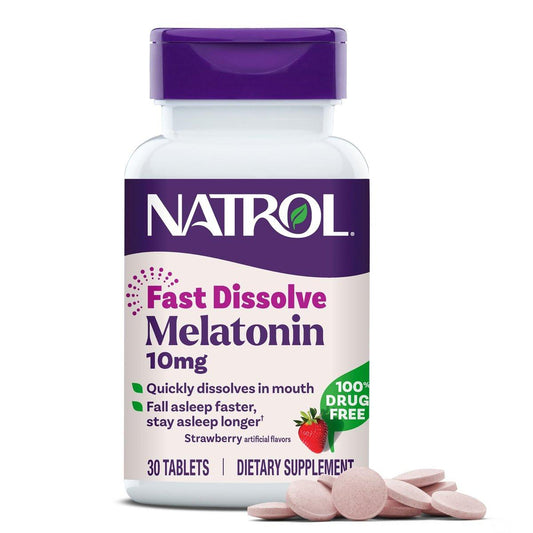 Natrol Melatonin 10mg Schmelztabletten - Erdbeergeschmack, 30 Stück, Schlafunterstützung für Erwachsene, 30-Tage-Vorrat