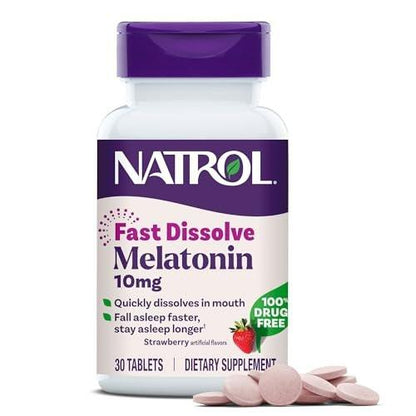 Natrol Melatonin 10mg Schmelztabletten - Erdbeergeschmack, 30 Stück, Schlafunterstützung für Erwachsene, 30-Tage-Vorrat