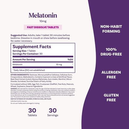 Natrol Melatonin 10mg Schmelztabletten - Erdbeergeschmack, 30 Stück, Schlafunterstützung für Erwachsene, 30-Tage-Vorrat