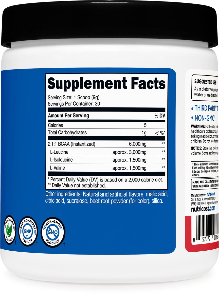 Nutricost BCAA Pulver (Erdbeer-Kiwi, 30 Portionen) - Optimales 2:1:1 Verhältnis